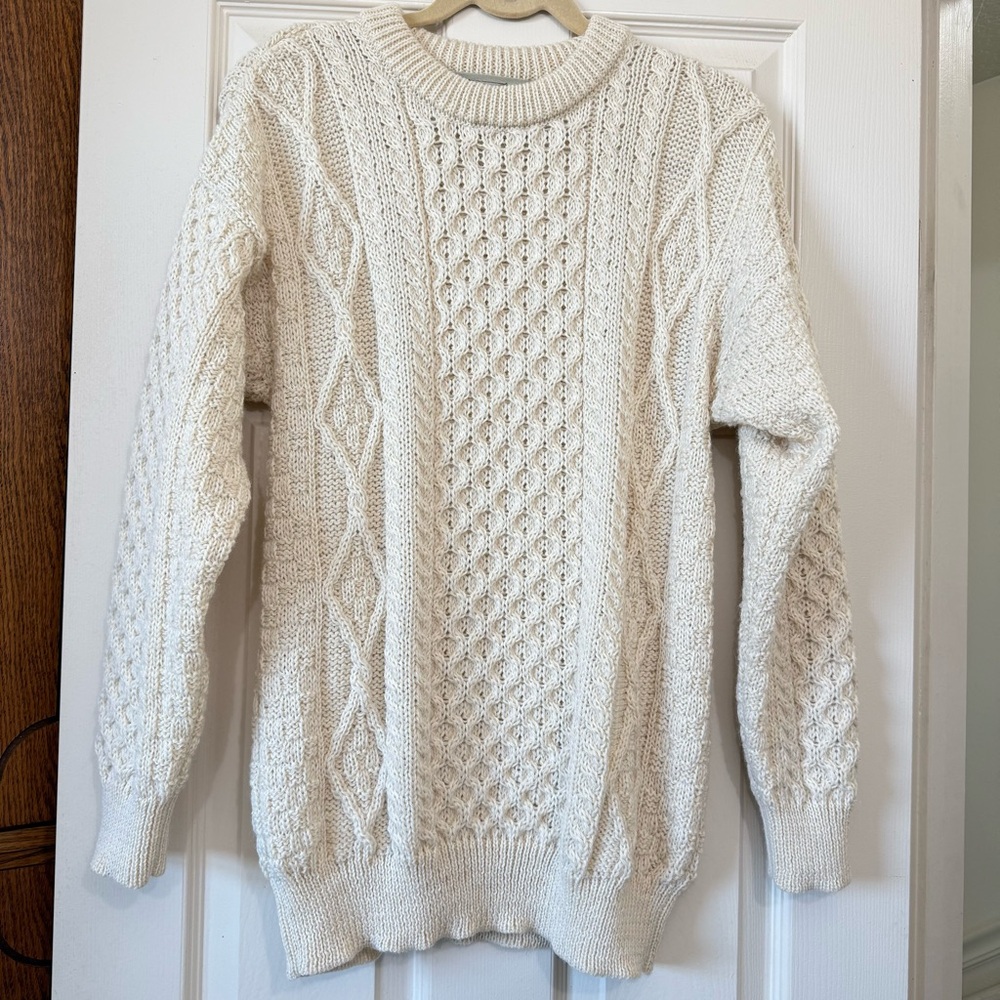 Arancraft Cable Knit Fisherman Sweater Size M Wool Irish Pullover Cream